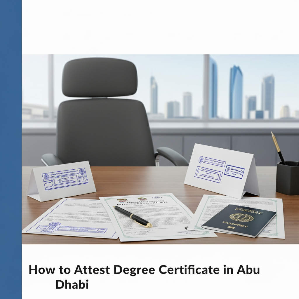 Degree certificate attestation in Abu Dhabi with academic documents, passport, and UAE document verification setup.