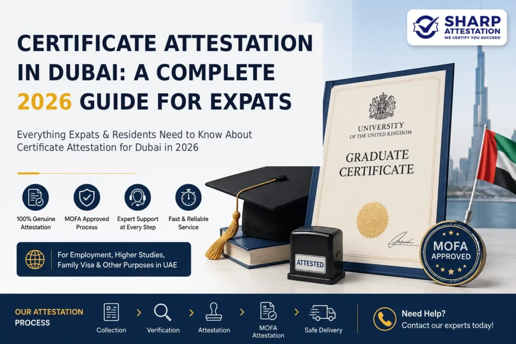 Cover image for Certificate Attestation in Dubai 2026 guide showing a UK graduate certificate, attestation stamp, MOFA approved badge, and Dubai skyline with Burj Khalifa
